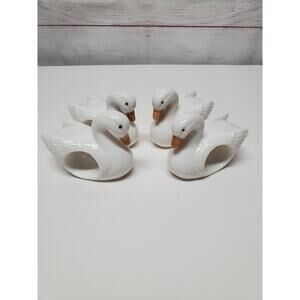 Vintage Goose or Duck Ceramic NAPKIN RINGS Set of 4 White Farm Country